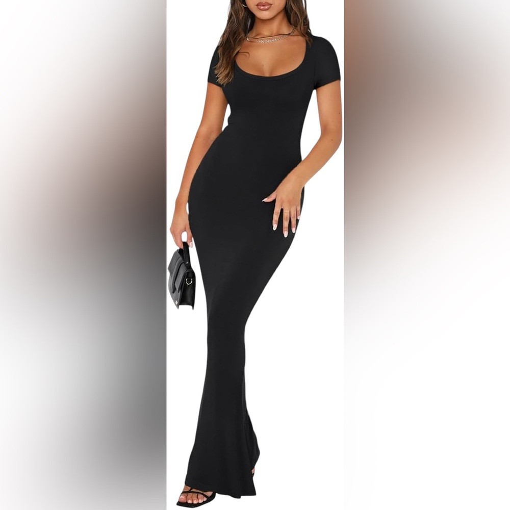 REORIA stretchy short sleeve sexy Scoop Neck maxi Ribbed Bodycon black dress NWT